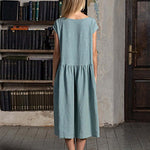 Short Sleeve Round Neck Solid Color Loose Pleated Swing Mid-Long Dresses