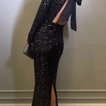 Looking To Party Sequin Padded Shoulder Backless Bow Design Maxi Dress