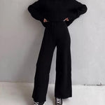 Nadorine Casual Street Loose Two-piece Sweatsuit Hooded Knitted Loose Top + Wide-leg Pants