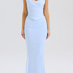 Neck Wrapped Strapless Corset Bodycon Maxi Skirt 2pcs Set-Blue