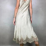 Fashionable V-neck Suspender Lace Splicing Casual Midi Dress
