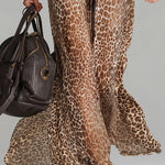 Fashionable And Elegant Brown Chiffon Leopard Print Long Sleeve Maxi Dress