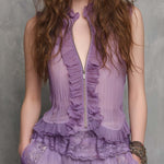 Romantic Boho Zip-Front Chiffon Top With Lace Hem