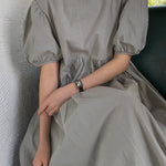 Original Loose Solid Color Pleated Puff Sleeves Midi Dress