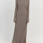 Long Sleeve Dress Crew-Neck Knit Maxi Dress Ribbed Elegant Long High Waist Pleated Dresses