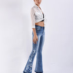 Stretch Embroidered Print Denim Wide Leg Trousers