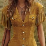 Western-style Vintage V-neck Fringed Faux Suede Mini Dress