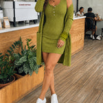 2 Pieces Outfit U-Neck Half Button Front Slim Fit Mini Tank Dress and Long Sleeve Pockets Design Mid-length Cardigan Casual Rhinestone Decor Textured Set