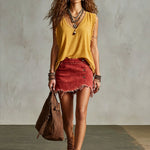 Western Retro Frayed Camel Denim Mini Skirt And Shorts