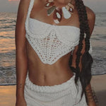 Sumui Hollow Crochet Knit Braid Detail V-shaped Hem Crop Vacation Tank
