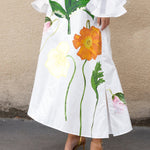A-Line Flared Sleeves Floral Printed Split-Joint Split-Side Lapel Collar Maxi Dresses Shirt Dress