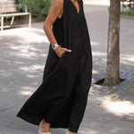 V Neck Pocket Loose Long Boho Dress Summer Sleeveless Tank Beach Dress