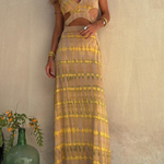 Yellow Ripple V-neck Slit Navel-exposed Long Suspender Dress