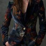 Vintage Floral Print Metal Button Polyester Velvet Blazer