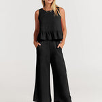 Nadorine 2 Piece Outfits Sleeveless Ruffle Tank Crop Top and Wide Leg Pants Lounge Set with Pockets