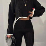 Knit Two Piece Outfit Color Block Cropped Top Long Pants Ribbed Sweater Set