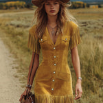 Western-style Vintage V-neck Fringed Faux Suede Mini Dress
