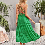 Sleeveless Lace-up Backless Smocked Tiered Maxi Dress Boho Long Beach Sundresses