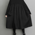 Simple Loose Black Split-Joint Long Sleeves Midi Dress