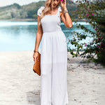 Sleeveless Lace-up Smocked Jumpsuits Solid Loose fit Wide Leg High Wasit Romper