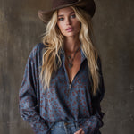 Western-style Casual Leopard Print Blue Faux Suede Shirt