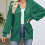 Solid Color Hollowed Out Knitted Cardigan Loose V-Neck Long Sleeved Cardigan Top