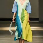 Loose Three-Quarter Sleeves Colorful Contrast Color V-Neck Maxi Dresses
