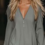 Casual Loose Fashion Zipper V-neck Long Sleeve Lotus Leaf Hem Gray Mini Dress