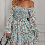Ribbed Long Sleeve Chiffon Dress Crewneck Elegant Batwing Bohemian Floral Printed Dress