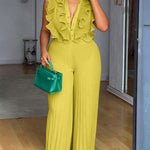 Ruffles Spliced V-Neck Sleeveless Button Front Pleated Overalls Casual Zipper Back Wide Leg Jumpsuit