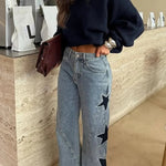 Jessy Denim Mid Rise Side Star Pattern Pocket Wide Leg Jeans