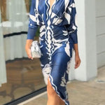 Unique Print Dolman Long Sleeve Ruched Slit Midi Dress