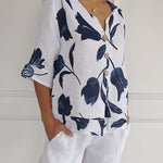 Nadorine Cotton Linen Two-piece Set Rose Print Top & Wide Leg Pants