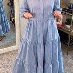Solid Color Lapel Elastic Cuffs Loose Maxi Dress