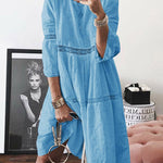 Nadorine Women's Boho Solid Neck Hollow Out Splice 3/4 Sleeve Midi Dresses