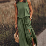 Nadorine Women's Crewneck Sleeveless Split Maxi Dress Casual Loose Sundress Long Flowy Beach Dress with Pockets