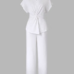 Women's 2 Piece Outfits V Neck Twist Front Slit Top and High Waisted Straight Leg Pants Set Commute Business Casual Suit