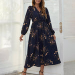 V Neck Long Sleeve Floral Print Maxi Dress