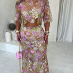 Fashionable Embroidered Flower Sequined Crop Top and Elegant Sheer Maxi Skirt Set
