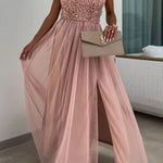 Romance and Lightness Tulle Floral Texture Pleated Patchwork Strapless Slit Maxi Dress