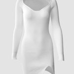 Vintage Square Neck Long Sleeve Slit Knit Dress