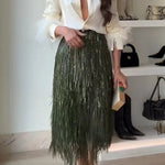 Party Crasher Layered Sequined Tassels High Rise Back Zipper Midi Skirt