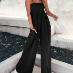 Wide Leg Jumpsuit Pocket Spaghetti Straps Plain Loose Jumpsuit