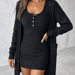 2 Pieces Outfit U-Neck Half Button Front Slim Fit Mini Tank Dress and Long Sleeve Pockets Design Mid-length Cardigan Casual Rhinestone Decor Textured Set