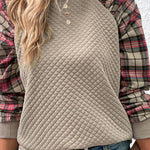 Fashionable diamond plaid patchwork long-sleeved round neck casual sweatshirt