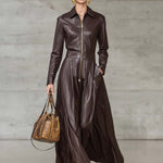 Exquisite Temperament Front Zipper Long Sleeve High-quality Brown Leather Maxi Dress