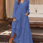 Loose Long Sleeve Dress V Neck Button Beach Sundress