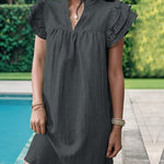 A-Line Loose Ruffled Solid Color Stand Collar Mini Dresses