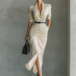 Women's Solid Color Lapel Single-breasted Mid-length Sleeve Belt Maxi Dress