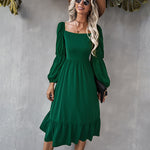 Solid Square Neck Bishop Sleeve Flounce Hem Dress